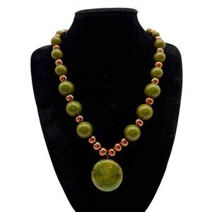 Vintage Green & Copper Beaded Necklace Round Stone Pendant